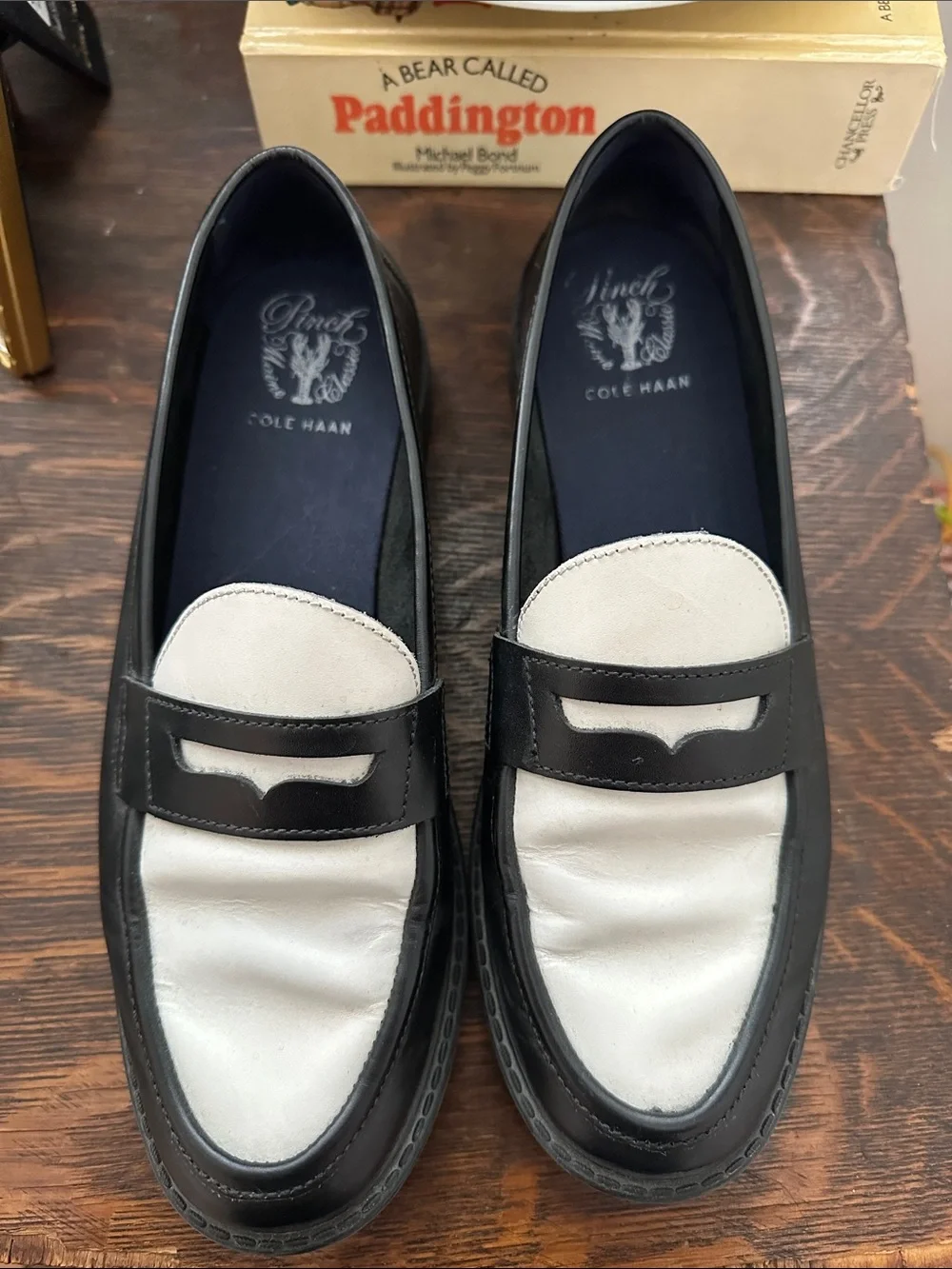 Cole Haan Black and White Leather Penny Loafers
